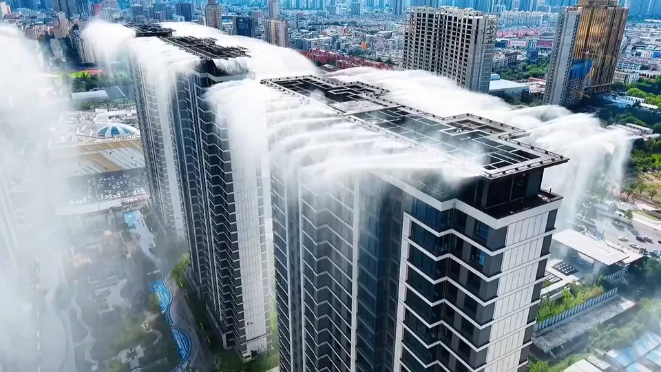 Rain cools the high-rises.