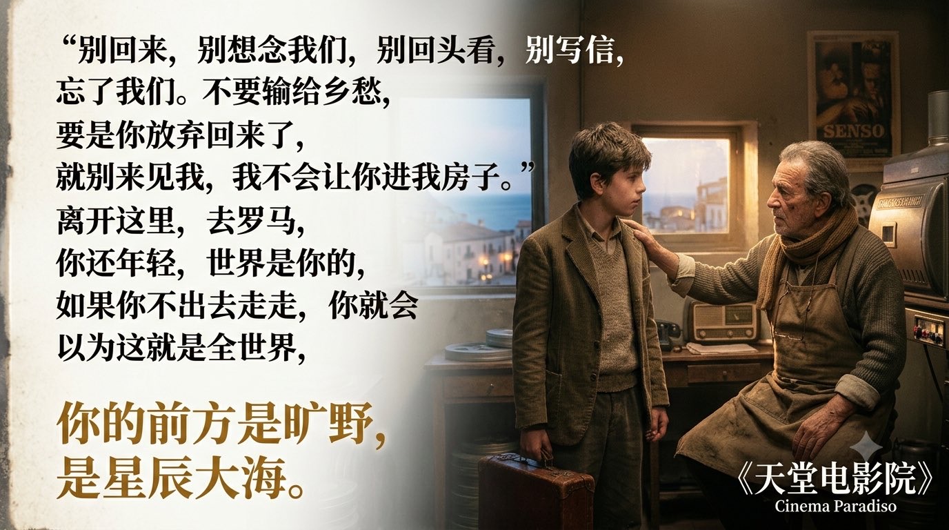 《天堂电影院》的经典台词:
别回来,别想念我们,别回头看,别写信,不要输给乡愁,忘了我们。要是你放弃回来了,就别来见我,我不会让你进我房子。