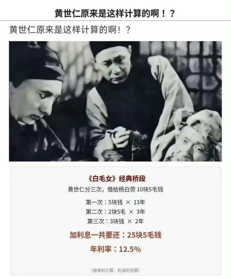 当年的黄世仁与当前的网贷平台利率对比,
黄世仁真的厚道良心啊!完败啊。。😅