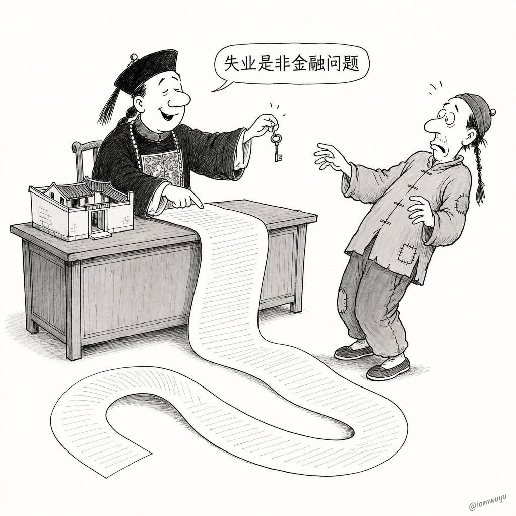 百姓说:「我们不是不想买,是不敢借。」
官员说:「原来是还款压力太大。」
于是,把房贷期限从最长三十年延长到四十年。
百姓说:「大人,四十年