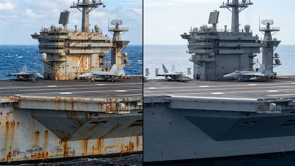 在海上超長執勤286天、一身鏽蝕斑斑的美國海軍“林肯號”航空母艦，最近停靠泰國林查班港，徹底刷新了外觀！經過當地工人連續5天的趕工，徹底清除