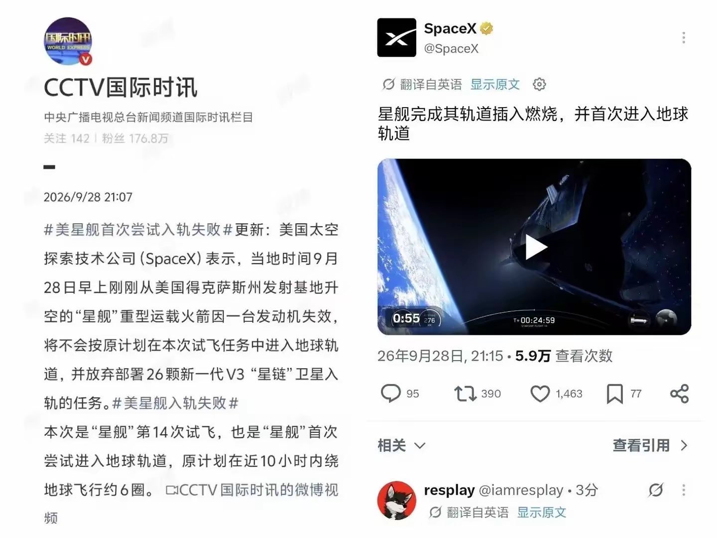 赢麻了，央视又一次被狠狠打脸！
昨天星舰第一次入轨直播的时候，只是因为一台发动机出了故障，央视就急不可耐地发出“星舰入轨失败”
结果二十多分