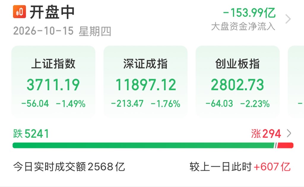 卧槽，大A这是要集体投胎啊？
5241只股票下跌，上涨的就294只。
创业板跌2.23%，大盘资金净流出153亿。
踩踏了 快逃啊！！！