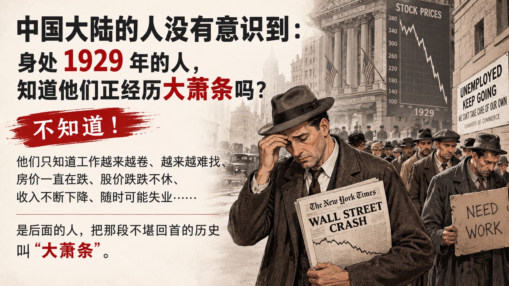 身处1929年的人,知道他们正经历大萧条吗?不知道!他们只知道工作越来越卷、越来越难找、房价一直在跌、股价跌跌不休、收入不断下降、随时可能失