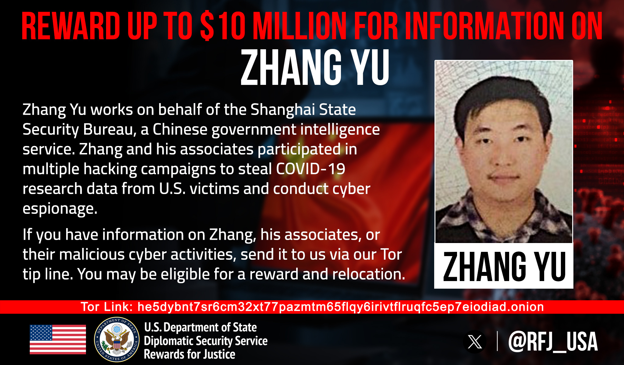 中国人的福利来了,美国政府悬赏张宇,1000万美元!上海势炎信息科技有限公司董事,受国家安全部上海国家安全局指使工作。网络安全公司引述起诉书