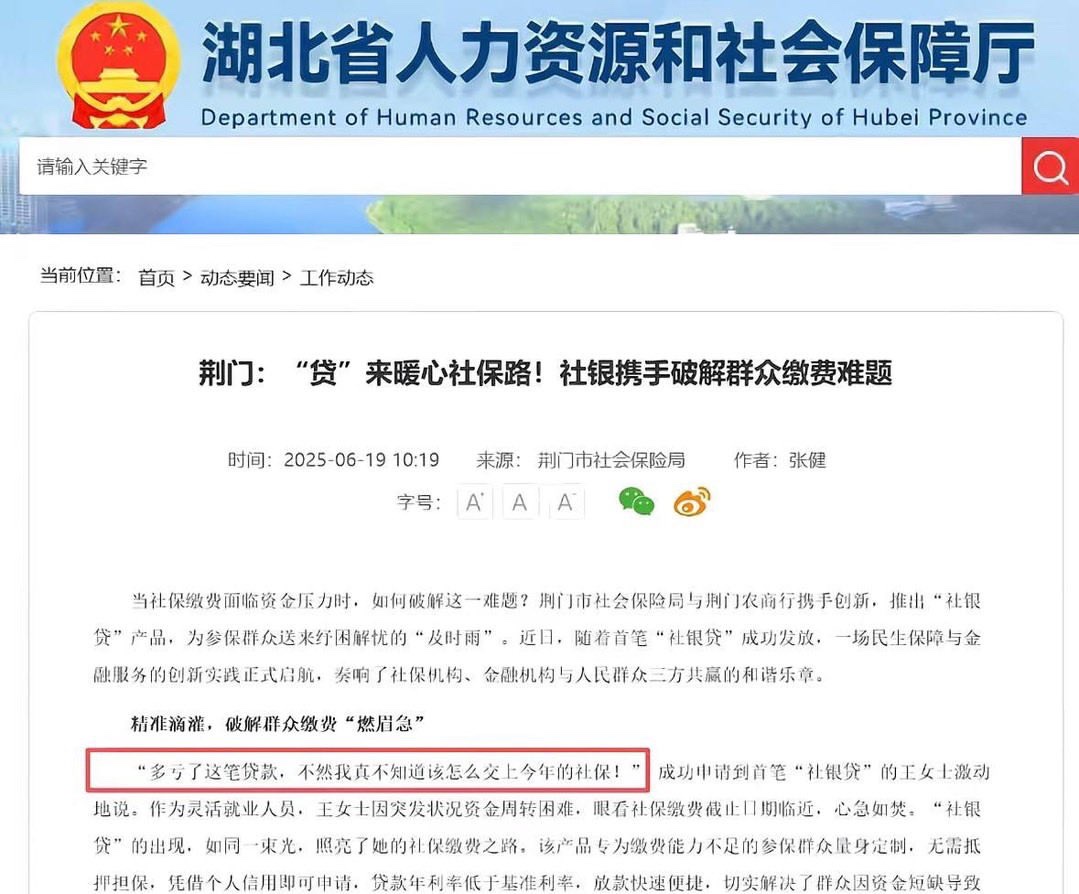 湖北省人力资源和社会保障厅早在2025年6月19日就曾推出“社银贷”相关服务。
相关介绍称,该产品旨在通过“精准滴灌”缓解群众缴费资金短缺问